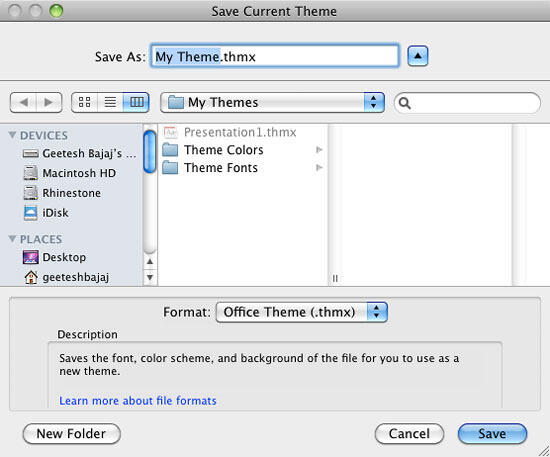 Save Current Theme dialog box in Excel 2011 for Mac