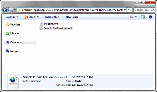 Local User folder with custom Theme Fonts XML files