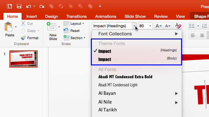 Heading and Body fonts being displayed within the Fonts drop-down list