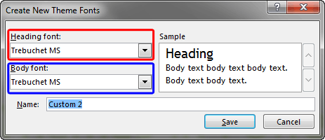 Create New Theme Fonts dialog box