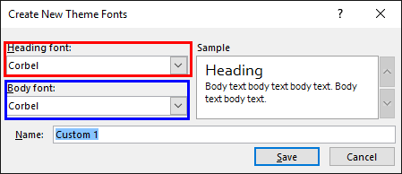Create New Theme Fonts dialog box