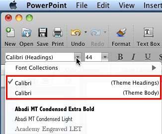 Theme Headings and Them Body fonts being displayed within the Fonts drop-down gallery