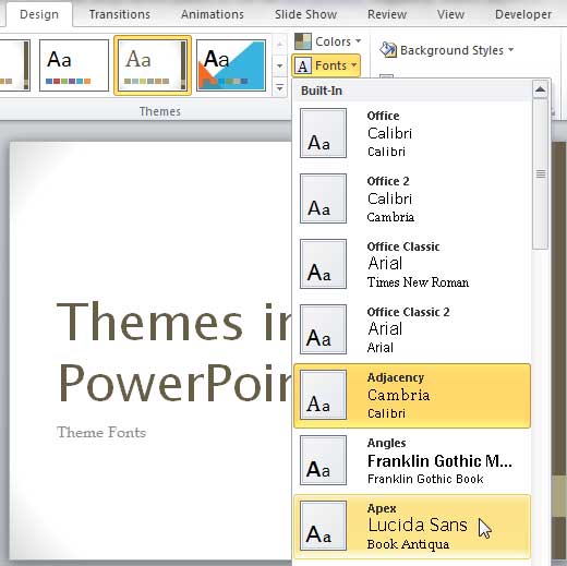 Apex Theme Fonts set being selected