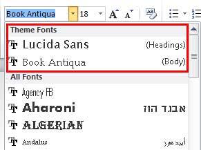 Changed Heading and Body fonts being displayed within the Fonts drop-down gallery