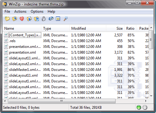The Theme ZIP file open in WinZip shows folders and files