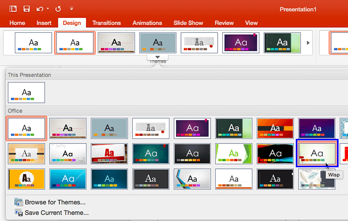 Themes drop-down gallery Themes drop-down gallery