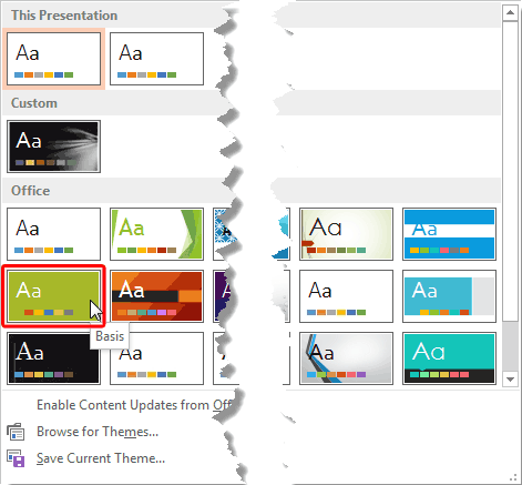 Themes drop-down gallery
