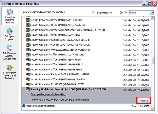 Add or Remove Programs window