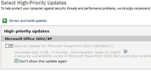 Don't show this update again option selected