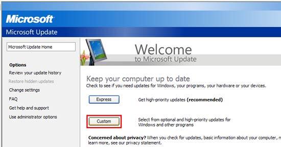 Microsoft Update web page