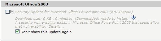 Don't show this update again option selected