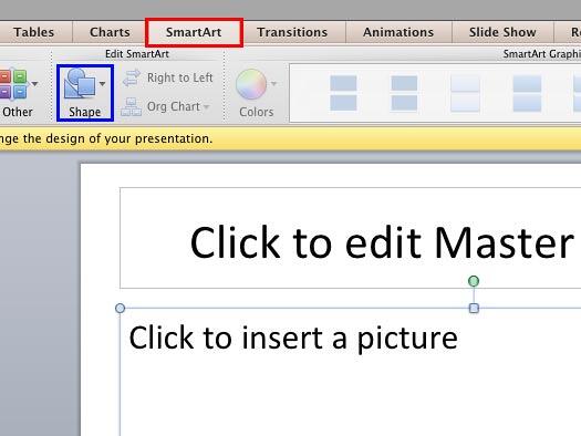 Shape button within the SmarArt tab of the Ribbon Shape button within the SmarArt tab of the Ribbon