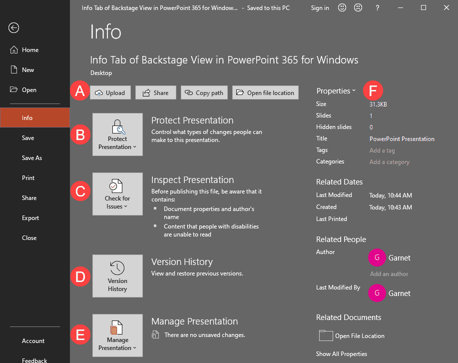 Info Tab of Backstage View in PowerPoint 365 for Windows