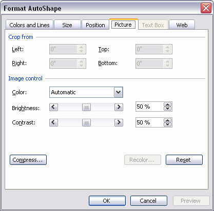 Picture tab in the Format Picture dialog box Picture tab in the Format Picture dialog box