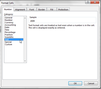 Format Cells as Text in Excel 2013