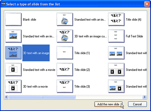 Select a type of slide from the list