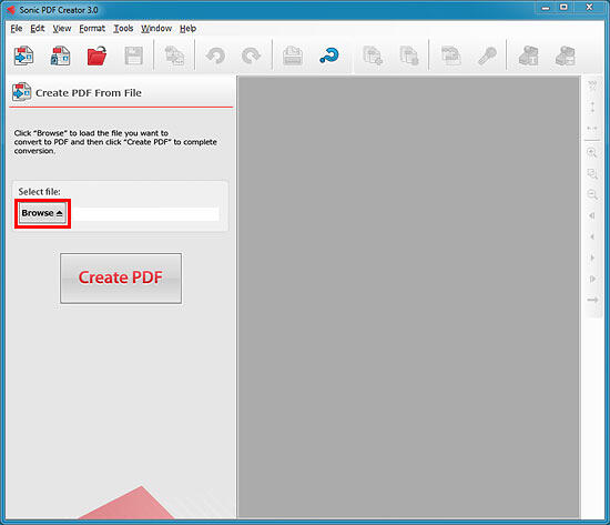 Create PDF from File pane within Sonic PDF Creator 3 interface Create PDF from File pane within Sonic PDF Creator 3 interface