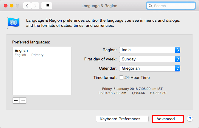 Language & Region window Language & Region window
