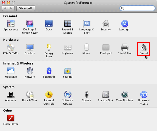 Sound icon within the System Preferences dialog box