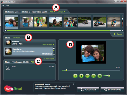 muvee Reveal interface muvee Reveal interface