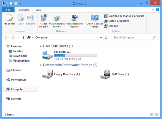 Explorer window in Windows 8 Explorer window in Windows 8