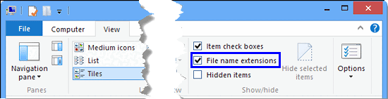 File name extensions check-box selected