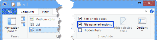 File name extensions check-box selected
