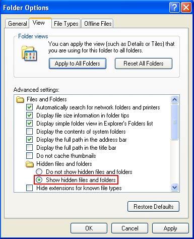Selected Show hidden files and folders radio button Selected Show hidden files and folders radio button