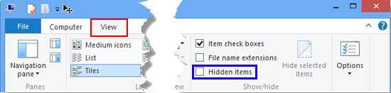 View tab within the Explorer window View tab within the Explorer window
