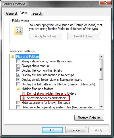 Selected Show hidden files and folders radio button