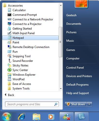 Notepad in Windows 7