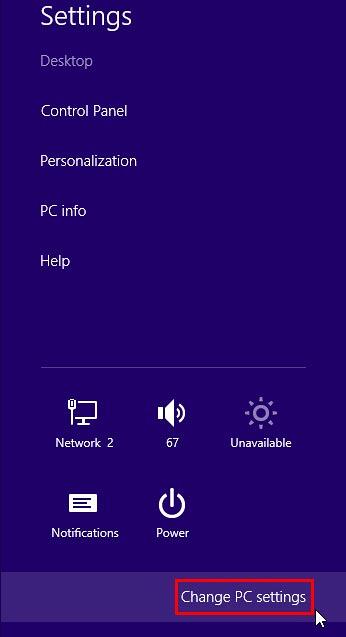 Change PC settings option selected Change PC settings option selected