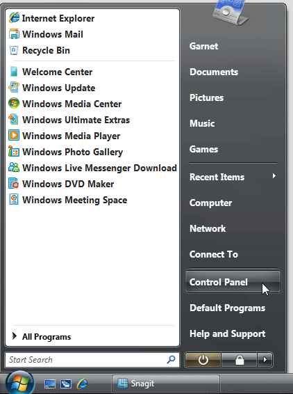 Control Panel option in Windows Vista