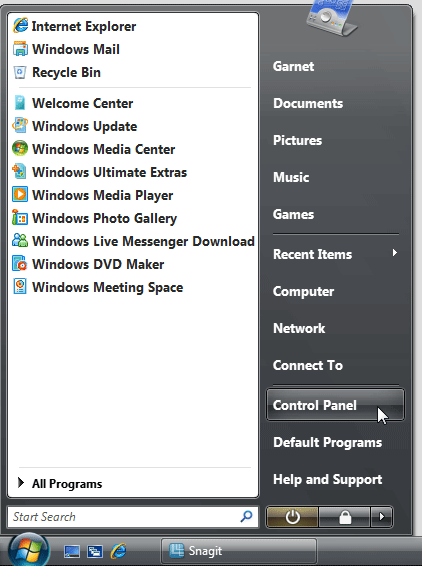 Control Panel option in Windows Vista Control Panel option in Windows Vista