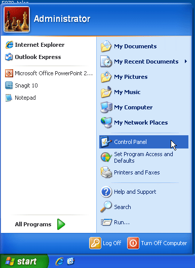 Control Panel option in Windows XP