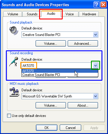 Select microphone to set as default device in Windows XP