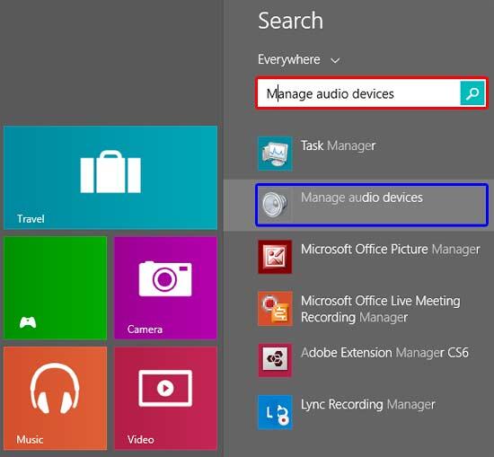 Manage audio devices typed within the search box in Windows 8