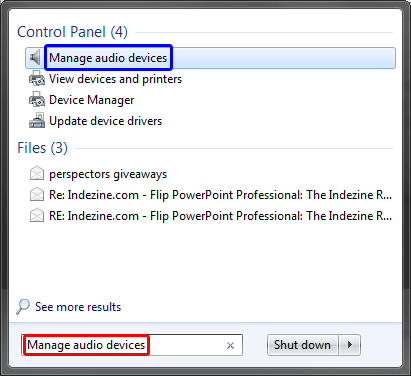 Manage audio devices typed with the search box in Windows 7 Manage audio devices typed with the search box in Windows 7
