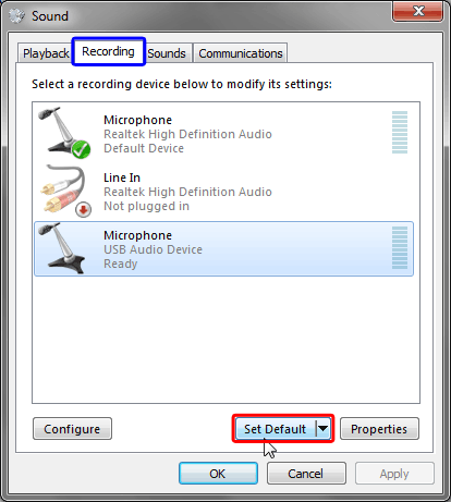 Attached recording devices within the Sound dialog box