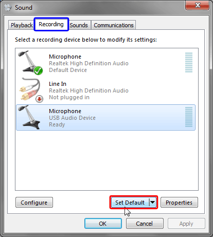 Attached recording devices within the Sound dialog box Attached recording devices within the Sound dialog box