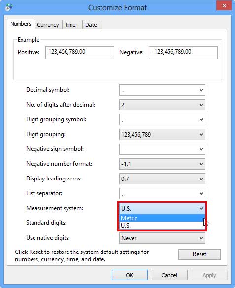 Metric measurement system selected within Customize Format dialog box
