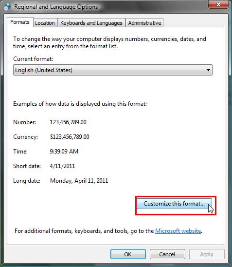 Customize format button selected within Regional and Language Options dialog box