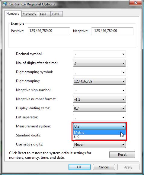 Metric measurement system selected within Customize Regional Options dialog box