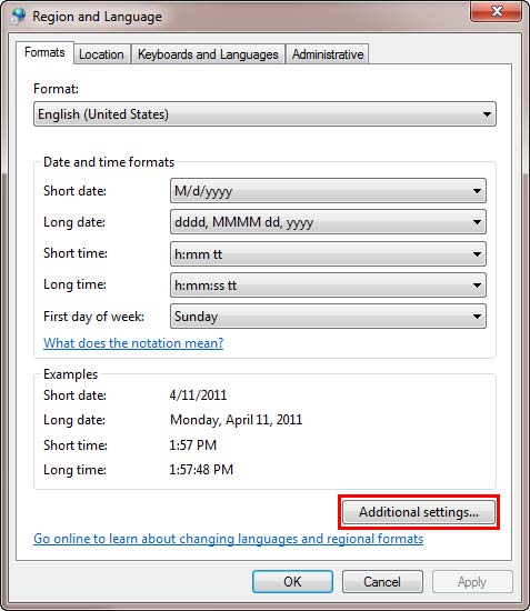 Additional settings button selected within Region and Language dialog box