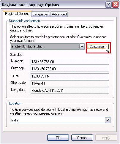 Customize button selected within Regional and Language Options dialog box