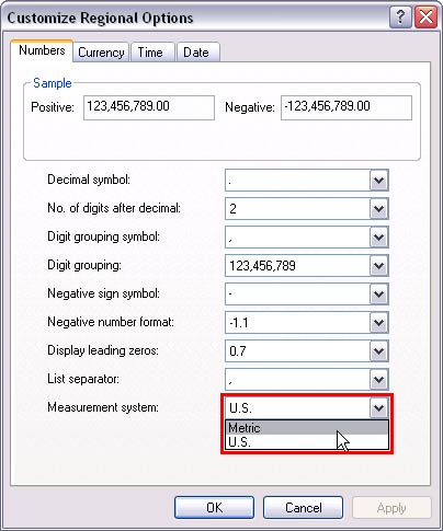 Metric measurement system selected within Customize Regional Options dialog box