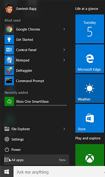 The Start Menu in Windows 10