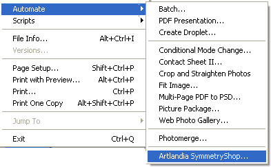 The Artlandia SymmetryShop menu option