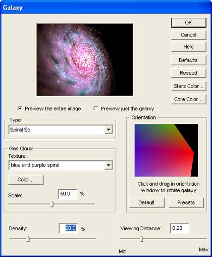 Galaxy effect dialog box