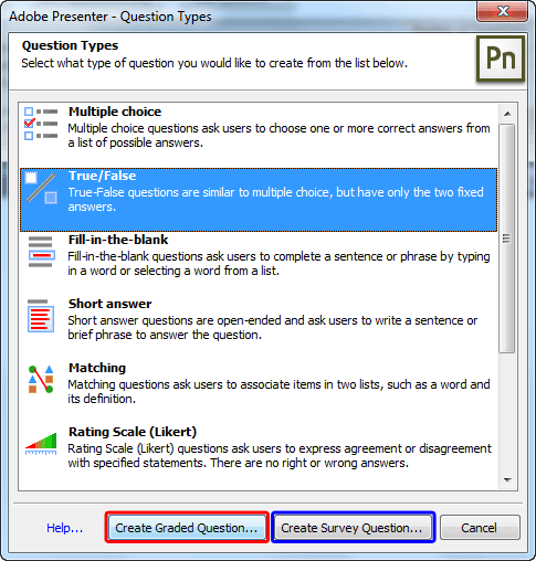Question Types dialog box Question Types dialog box